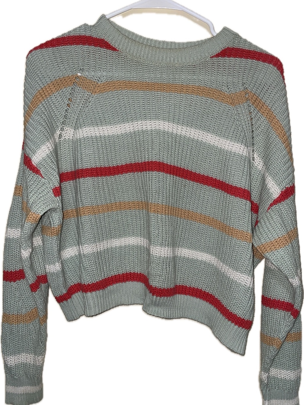 Abound Sage Green Striped Crewneck Sweater with Red, White & Tan Stripes | XS